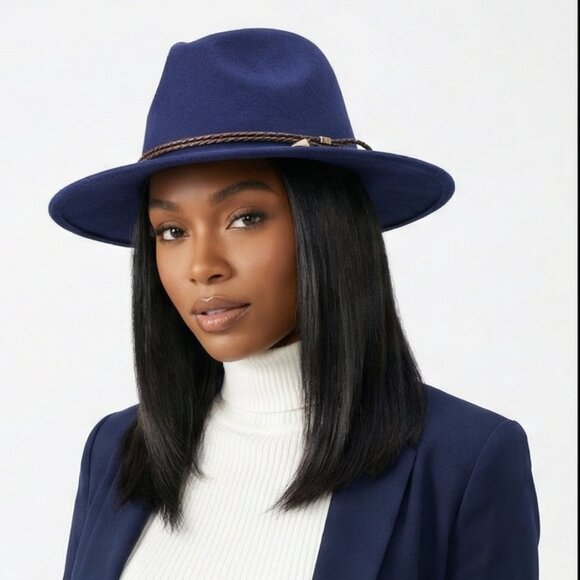Navy Faux Wool Fedora Adjustable Hat main image 5